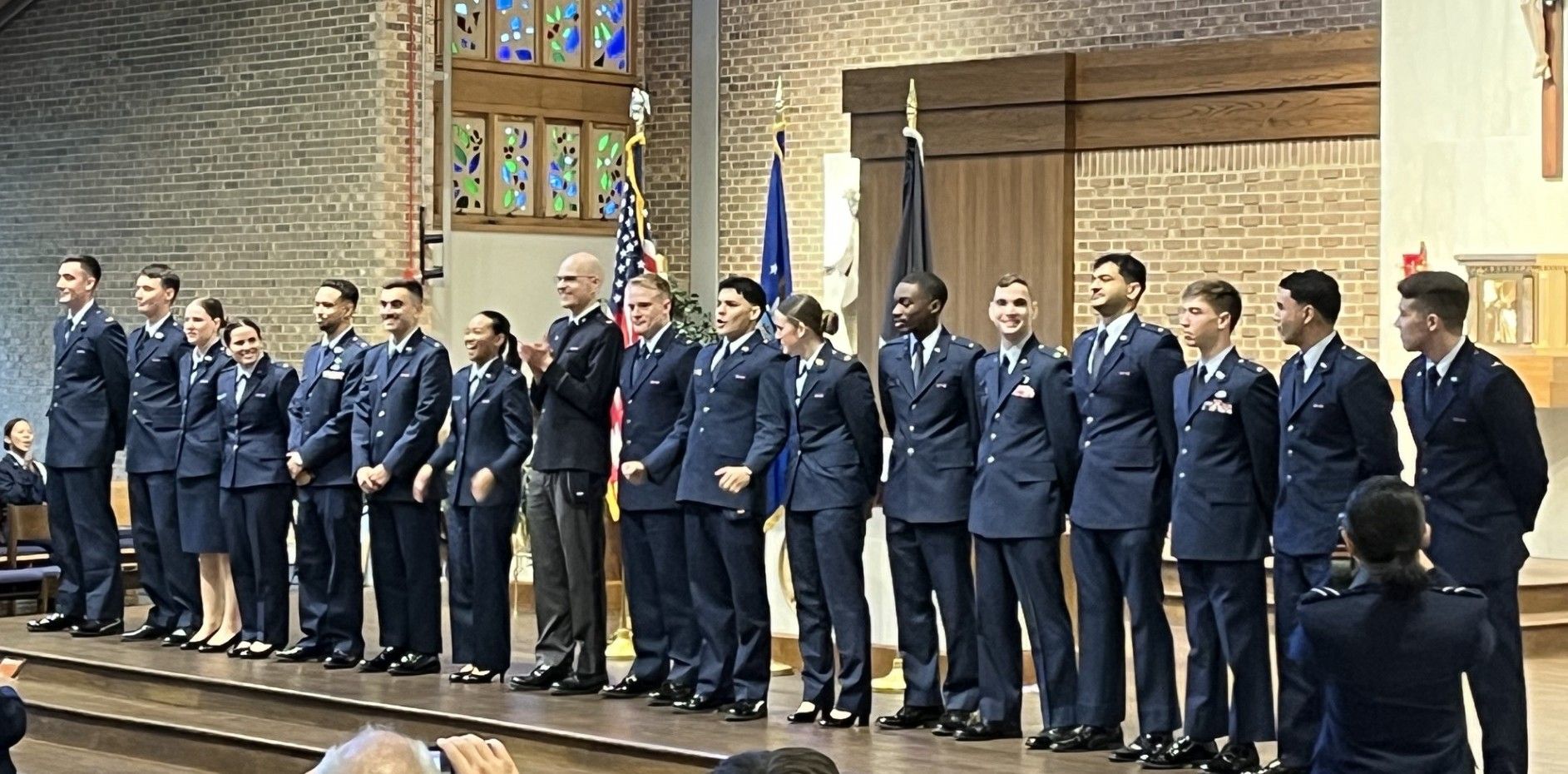 Seventeen newly commissioned second lieutenants of AFROTC Detachment 330 gather following their commissioning ceremony at the University of Maryland on May 21. Photo by Bob Hill